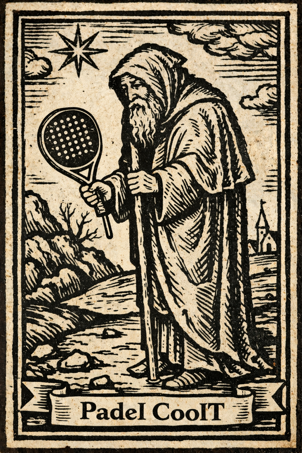 Tarot-style Coolt Padel illustration with a robed figure holding a padel racket.