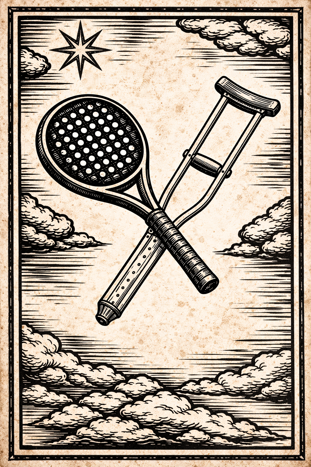 Vintage-style illustration of a padel racket crossed with a crutch.
